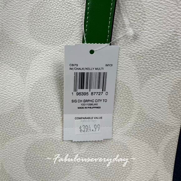 Coach City Tote Bag In Signature Canvas W/ Coach Graphic CBI79 Chalk/Kelly Multi - Picture 4 of 8